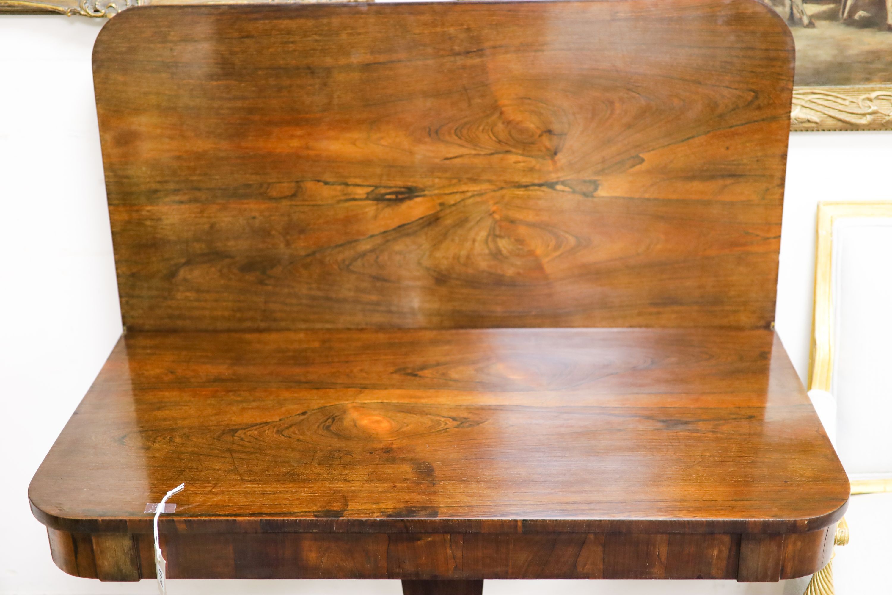 A Regency rosewood rectangular folding tea table, width 99cm, depth 48cm, height 75cm